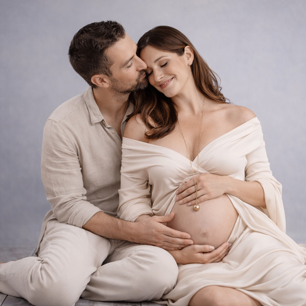 couple complice pendant une seance photo grossesse avec ventre rond